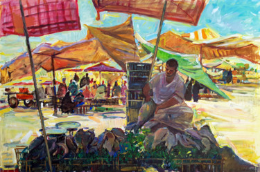 Pittura intitolato "Fish seller. Market…" da Juliya Zhukova, Opera d'arte originale, Olio