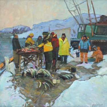 Painting titled "Evening. Fishermen…" by Juliya Zhukova, Original Artwork, Oil