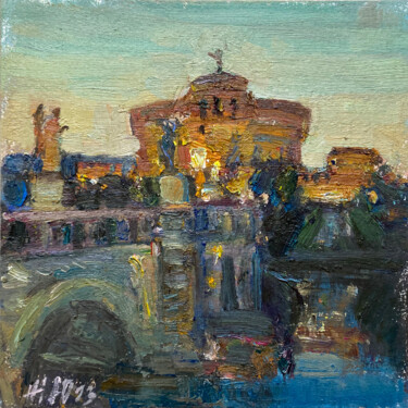 Painting titled "Evening castle of t…" by Juliya Zhukova, Original Artwork, Oil Mounted on Cardboard