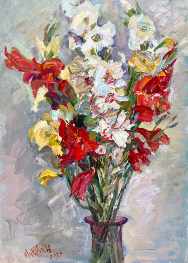 Painting titled "Gladiolusy" by Juliya Zhukova, Original Artwork, Oil