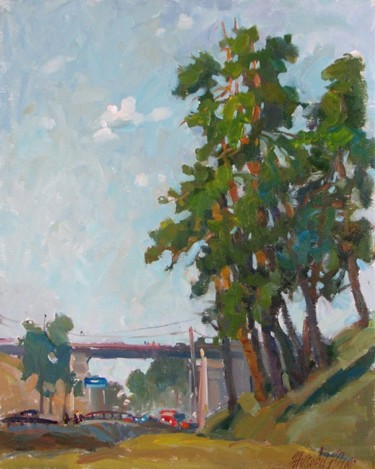 Картина под названием "Pines at road" - Juliya Zhukova, Подлинное произведение искусства, Масло