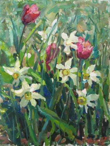 Painting titled "Tulips and narcissu…" by Juliya Zhukova, Original Artwork, Oil