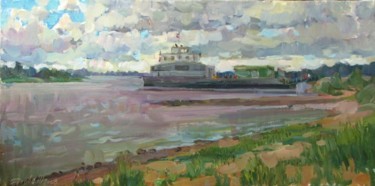 Pittura intitolato "The ferry on Volga" da Juliya Zhukova, Opera d'arte originale, Olio