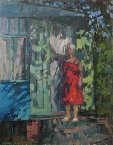 Painting titled "On a porch" by Juliya Zhukova, Original Artwork, Oil