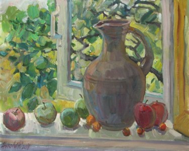 Schilderij getiteld "Jug and apples" door Juliya Zhukova, Origineel Kunstwerk, Olie
