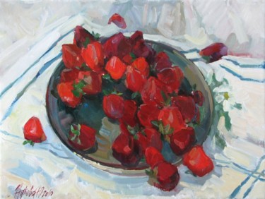 Peinture intitulée "Strawberry on white" par Juliya Zhukova, Œuvre d'art originale