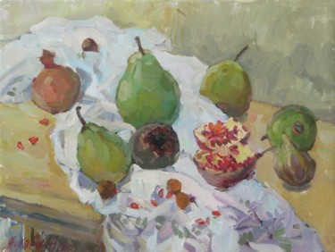 Painting titled "Pears, fig and youn…" by Juliya Zhukova, Original Artwork, Oil
