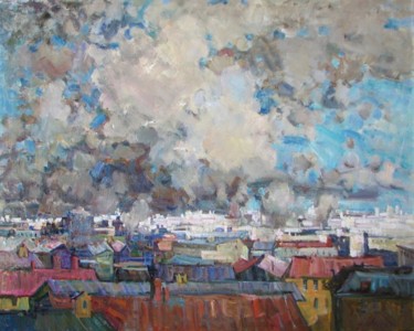 Schilderij getiteld "Sky over city" door Juliya Zhukova, Origineel Kunstwerk, Olie