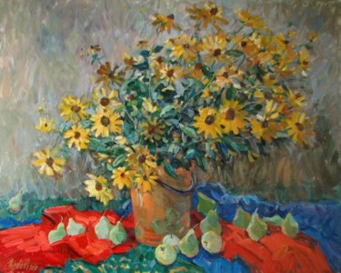 Painting titled "Yellow camomiles an…" by Juliya Zhukova, Original Artwork, Oil