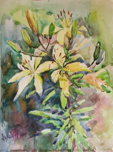 Painting titled "Yellow lily" by Juliya Zhukova, Original Artwork, Oil