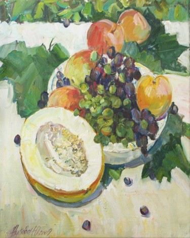 Malerei mit dem Titel "Fruit on grape leav…" von Juliya Zhukova, Original-Kunstwerk, Öl