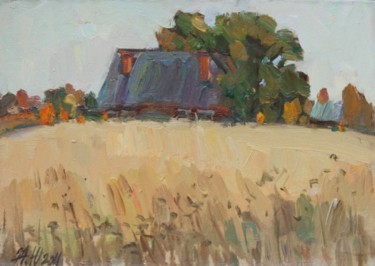 Painting titled "House and field"" by Juliya Zhukova, Original Artwork, Oil