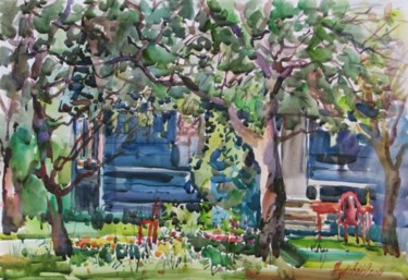 Картина под названием "In garden at the ho…" - Juliya Zhukova, Подлинное произведение искусства, Масло
