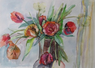 Painting titled "Tulips on a window" by Juliya Zhukova, Original Artwork, Oil