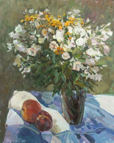 Painting titled "Flowers and Peaches" by Juliya Zhukova, Original Artwork, Oil