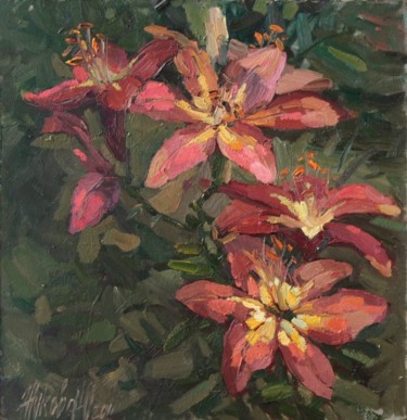 Painting titled "Pink Lilies" by Juliya Zhukova, Original Artwork, Oil