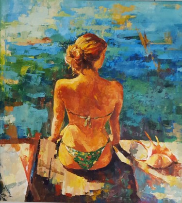 Painting titled "Fille du coquillage" by Yan Zhu, Original Artwork, Oil