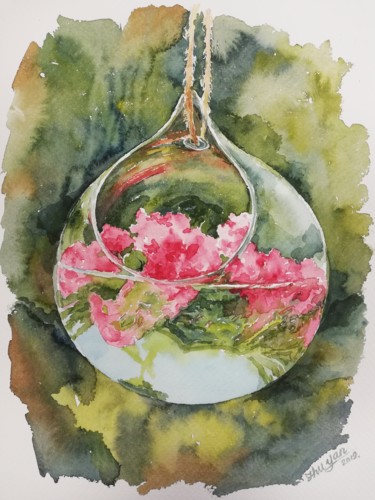 Schilderij getiteld "fleurs dans la vase" door Yan Zhu, Origineel Kunstwerk, Aquarel