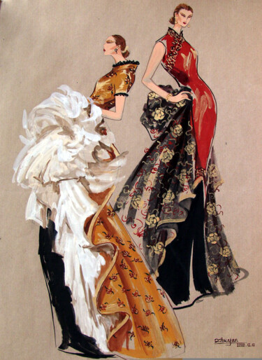 Pittura intitolato "Déssin de mode N°4" da Yan Zhu, Opera d'arte originale, Gouache