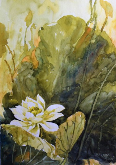 Pintura intitulada "Lotus blanche" por Yan Zhu, Obras de arte originais, Aquarela