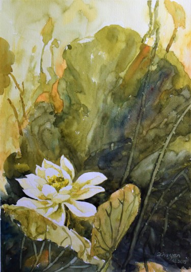 Peinture intitulée "Lotus blanche" par Yan Zhu, Œuvre d'art originale, Aquarelle