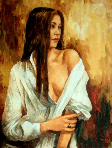 Pintura intitulada "Portrait d'une fille" por Yan Zhu, Obras de arte originais, Óleo