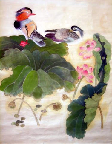 Peinture intitulée "鸳鸯莲花局部" par Hua Jie, Œuvre d'art originale, Huile