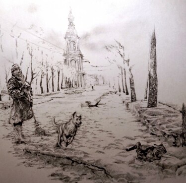 Drawing titled "Снег, дворники, соб…" by Evgenii Zibert, Original Artwork, Pencil