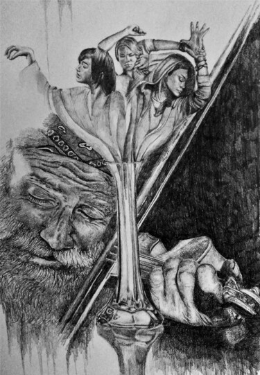 Drawing titled "Рокерская соната" by Evgenii Zibert, Original Artwork, Pencil Mounted on Cardboard