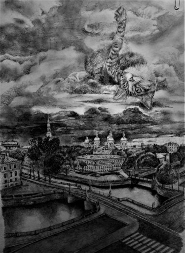 Desenho intitulada "Чеширские коты в Пи…" por Evgenii Zibert, Obras de arte originais, Lápis Montado em Cartão
