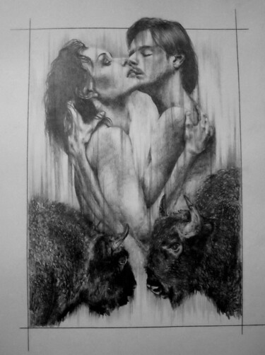Dessin intitulée "Сильная любовь, мощ…" par Evgenii Zibert, Œuvre d'art originale, Crayon Monté sur Carton