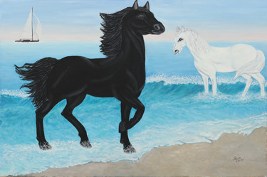 Malerei mit dem Titel "Pferde und das Meer" von Mara Cikulin, Original-Kunstwerk, Öl