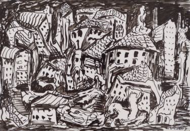 Painting titled "A crushed city." by Ziemowit Fincek, Original Artwork, Ink