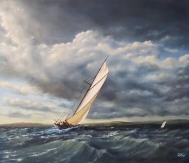 Ζωγραφική με τίτλο "''Vintage yacht in…" από Zigmars ''Sigmar'' Grundmanis, Αυθεντικά έργα τέχνης, Λάδι