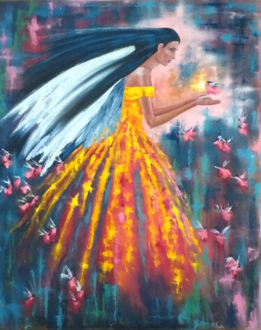 Painting titled "Angel wings." by Zinaida Vysota, Original Artwork, Oil Mounted on Wood Stretcher frame