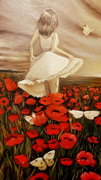 Schilderij getiteld "Poppy Field" door Zita Barbara Sanders, Origineel Kunstwerk, Olie