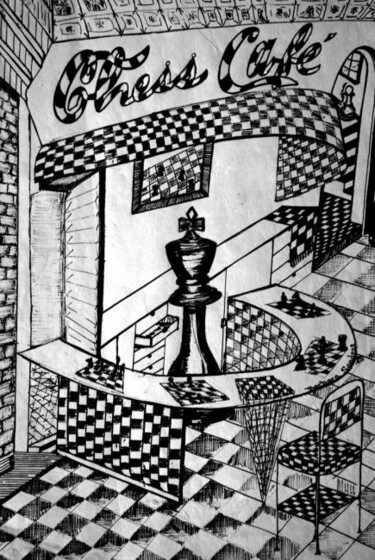 Dessin intitulée "Chess Cafe" par Zita Barbara Sanders, Œuvre d'art originale