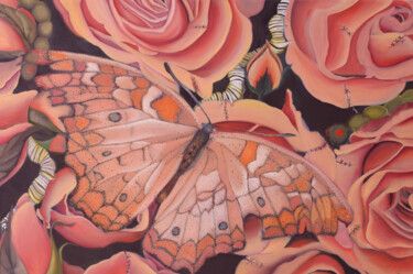 Pintura intitulada "(Butterfly in Roses…" por Zita Barbara Sanders, Obras de arte originais, Óleo