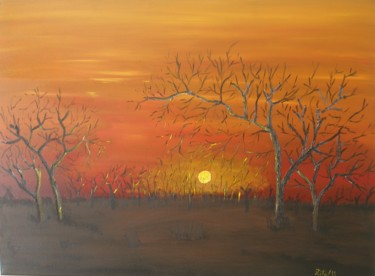 Pintura intitulada "Pôr do Sol na Savana" por Zita Dantas, Obras de arte originais, Óleo