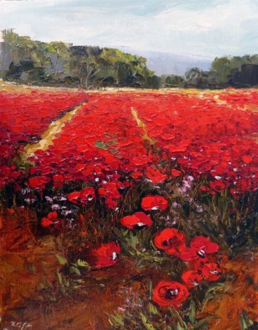Painting titled "FILED OF POPPIES 6" by Zoja, Original Artwork, Oil