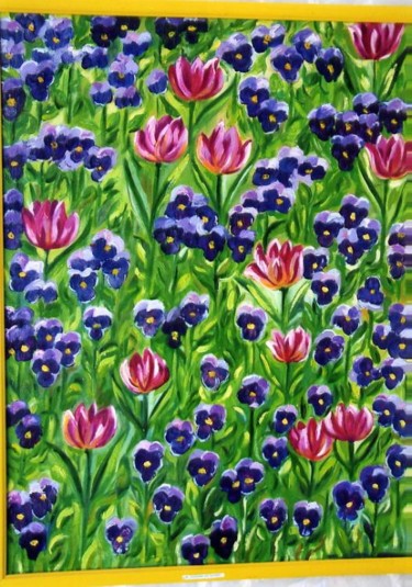 Peinture intitulée "tulipes et pensees" par Karima Zidani, Œuvre d'art originale
