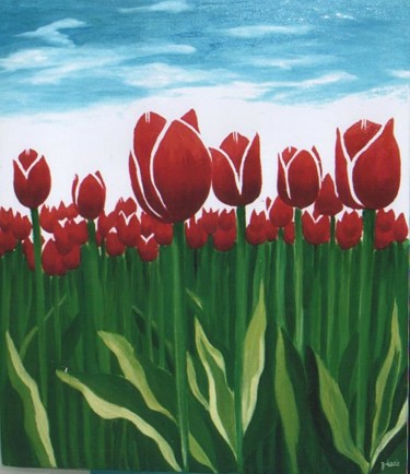 Peinture intitulée "champs de tulipes" par Karima Zidani, Œuvre d'art originale