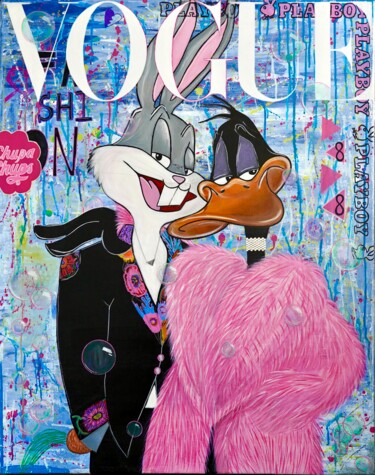 Malerei mit dem Titel "Daffy Duck and Bunn…" von Zlata Selezneva, Original-Kunstwerk, Lack