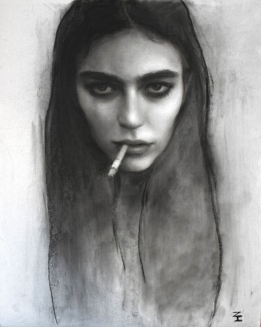 Painting titled ""Cigarette"" by Zlatina Ivanova, Original Artwork, Charcoal