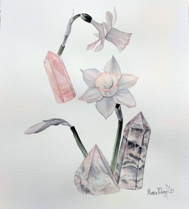 Картина под названием "Daffodils and Rose…" - Maria Yılmaz, Подлинное произведение искусства, Акварель