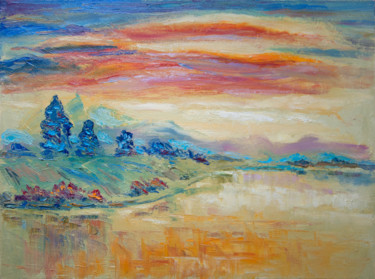 Картина под названием "Sunset on a lake" - Zenovii Mirchuk, Подлинное произведение искусства, Масло