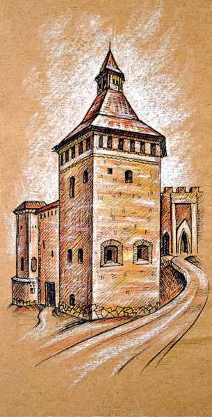 Рисунок под названием "Medzhybizh castle" - Zenovii Mirchuk, Подлинное произведение искусства, Чернила