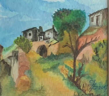 Painting titled "Paysage Provençal" by Zoé Valy, Original Artwork, Watercolor Mounted on Cardboard