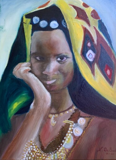 Painting titled "La Jeune fille afri…" by Zoé Valy, Original Artwork, Oil Mounted on Wood Stretcher frame