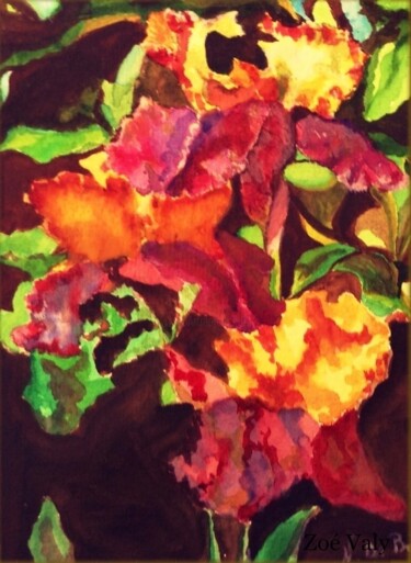 Painting titled "Fleurs foncées" by Zoé Valy, Original Artwork, Watercolor Mounted on Cardboard